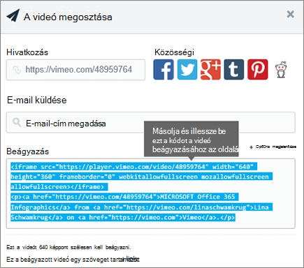 Példa beágyazási kód használatára tartalom beágyazásához egy SharePoint-lapra