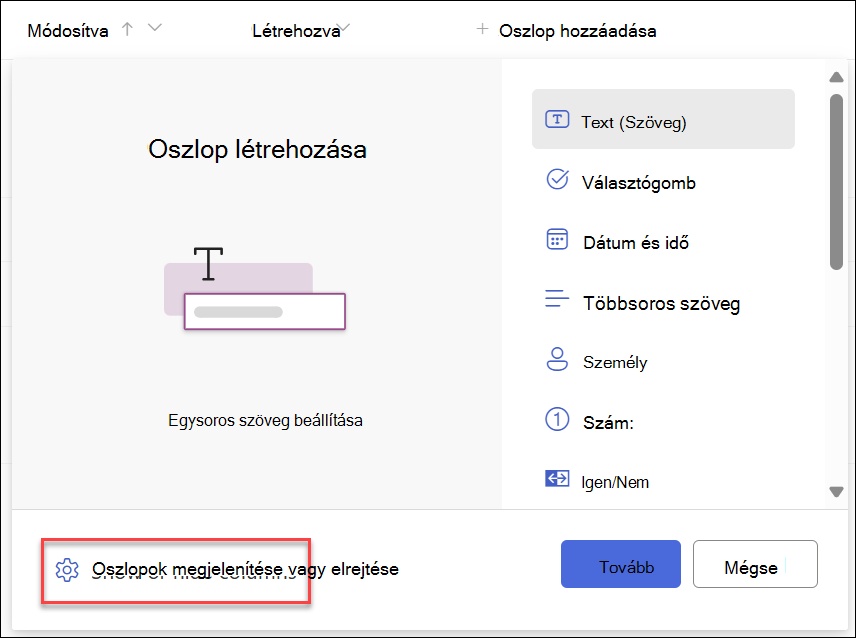 Képernyőkép a kijelölt Oszlopok elrejtése jelölőnégyzetről