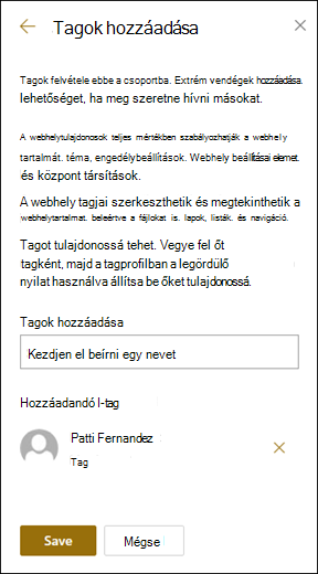 A tagok hozzáadása panel előnézete.