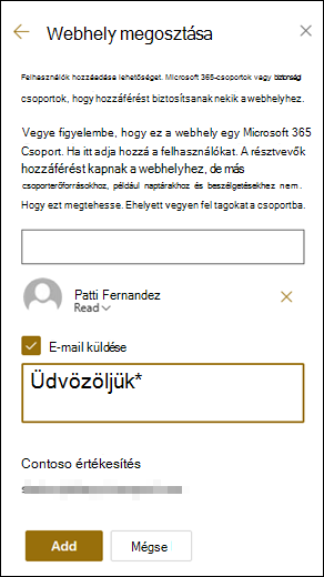 A Webhely megosztása panel előnézete.