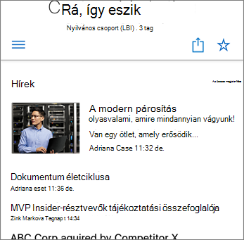Képernyőkép: Csapathírek a webhelyen