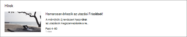 Képernyőkép egy SharePoint-webhely Hírek kijelzőjéről, ahol a bejegyzések szűrve vannak
