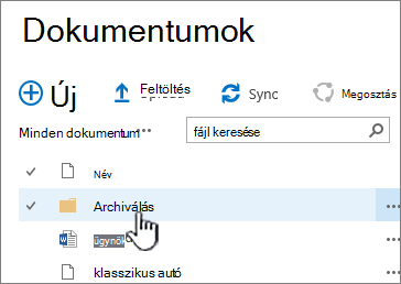 SharePoint 2016-dokumentumtár, egy mappa kiemelve