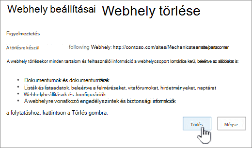 Kattintson a törlés gombra, ha biztos benne, hogy törölni szeretné az alwebhelyet