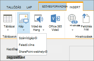 Képernyőkép a SharePoint Online menüszalagjáról. Válassza a Beszúrás lapon a Kép lehetőséget, és adja meg, hogy a számítógépről, egy webcímről vagy egy SharePoint-helyről szeretne-e fájlt feltölteni.