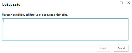 Képernyőkép a SharePoint Online Beágyazás párbeszédpaneljéről, melyen beillesztheti a video- vagy hangfájlok parancsprogramját vagy beágyazási kódját, majd beszúrhatja a kódot.