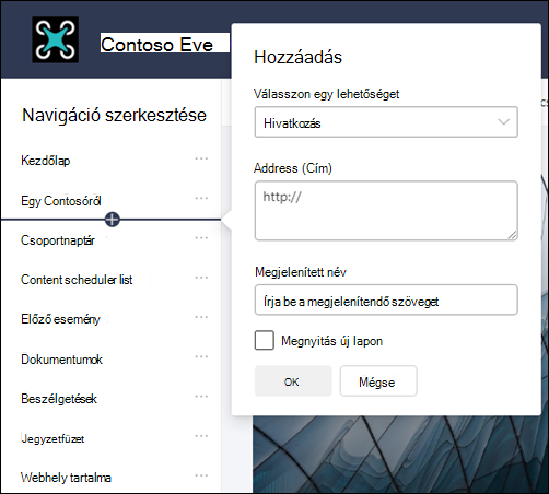 Hivatkozás felvétele a SharePoint-csapatwebhely bal oldali navigációs sávjába