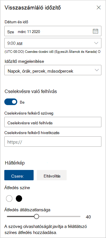 Visszaszámláló időzítő beállításai