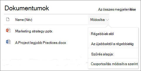 A rendezési, szűrési és csoportosítási menüt megjelenítő Dokumentumtár kijelző
