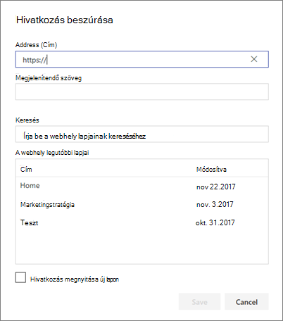 Hivatkozás beszúrása párbeszédpanel