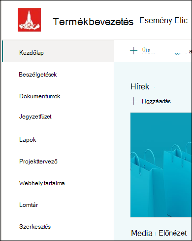A SharePoint-csoportwebhely bal oldali menüje