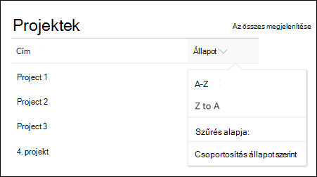 Lista kijelző a rendezési, szűrési és csoportosítási menüvel