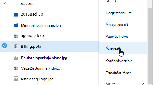 Ellipszismenü a kijelölt Átnevezés paranccsal