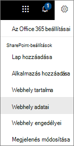 A Beállítások menü kijelölt Webhely adatai elemmel
