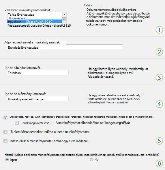 A társítási űrlap első lapja számozott beállításokkal