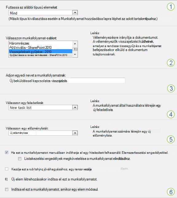A társítási űrlap első lapja számozott beállításokkal