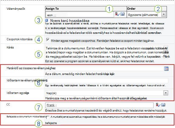 A társítási űrlap második lapja számozott beállításokkal
