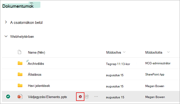 A kivett fájl mellett megjelenik egy szimbólum.