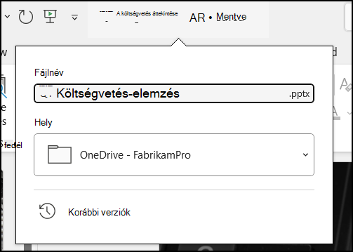 A dokumentum címéből legördülő menü az Office 365-ös Wordben