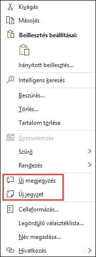 Az Excel jobb gombbal kattintva megnyitható helyi menüjének képe