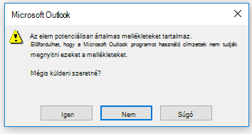 A potenciális veszélyt jelentő fájlmellékletekre figyelmeztető üzenet az Outlookban