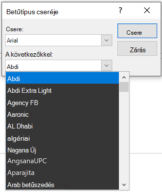 A PowerPoint Betűtípus cseréje párbeszédpaneljének képe. Az Erre legördülő lista ki van bontva.