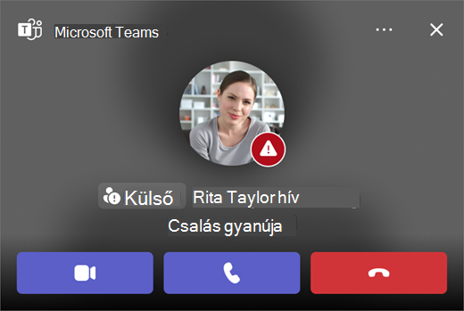 Képernyőkép egy csalás gyanús hívásáról a Microsoft Teamsben.