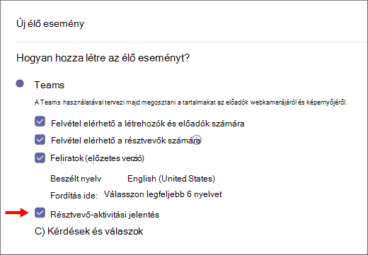 Résztvevőaktivitási jelentés jelölőnégyzet képernyője