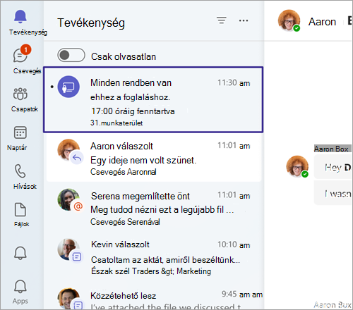 Képernyőkép a foglalható asztal foglalási visszaigazolásáról a Teams tevékenységcsatornájában a beépülő modulon.