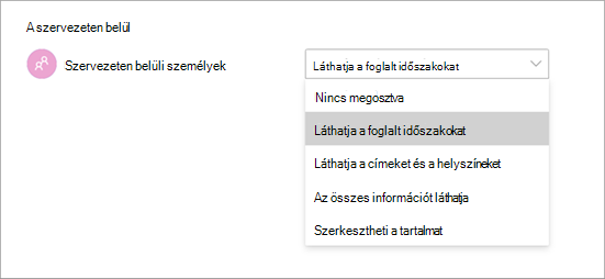 Képernyőkép a naptárak Teamsben való megosztásakor érvényes különböző hozzáférési engedélyekről.