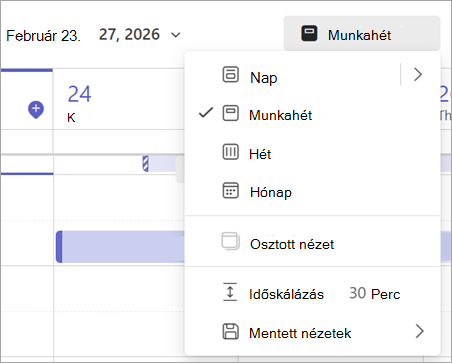 Képernyőkép a Teams különböző naptárnézeteit megjelenítő legördülő menüről.