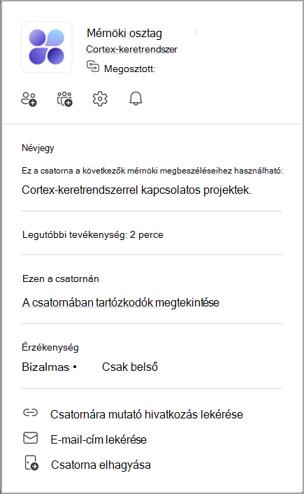 Képernyőkép egy csatornakártyáról. Mutasson az egyik csatorna nevére a csatorna kártya megjelenítéséhez.