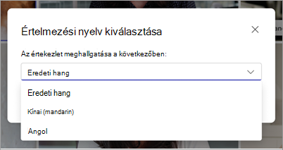 Képernyőkép a Microsoft Teams Tolmácsolási nyelv kiválasztása legördülő menüjéről.