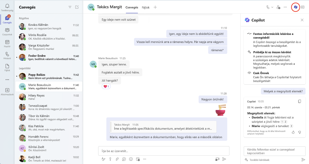 A Copilot egy Teams-csevegésben