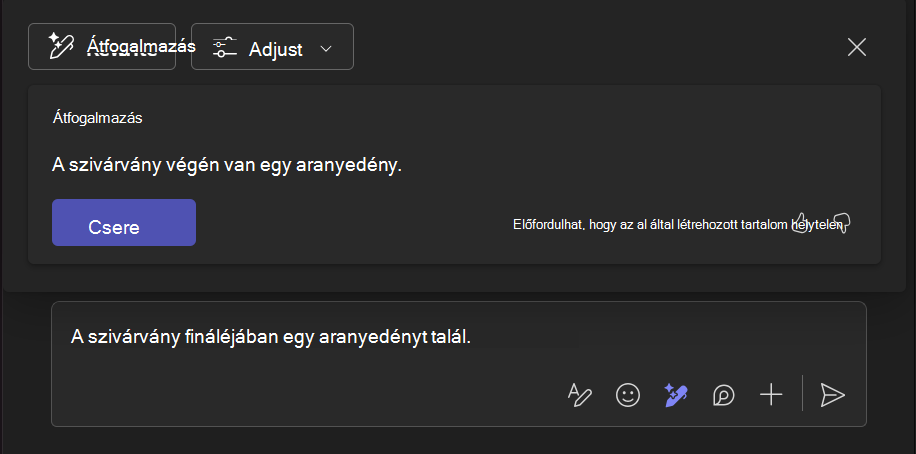 Képernyőkép arról, hogy az Átírás a Copilot eszközzel hogyan segít javítani a szövegrészt.