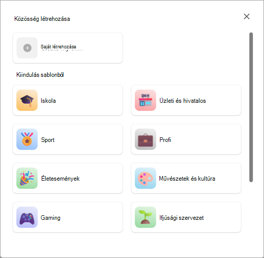 Képernyőkép a sablonnal rendelkező vagy sablon nélküli közösség létrehozásához használható gombokról a Microsoft Teams (ingyenes) közösségeiben.