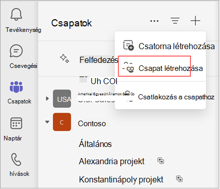 Képernyőkép egy menüről, amelyben lehetőség van csatorna létrehozására, csapat létrehozására vagy csoporthoz való csatlakozásra. Csapat létrehozásához válassza a Csoport létrehozása lehetőséget. A meglévő csapatok és csatornák listáját is megjeleníti.