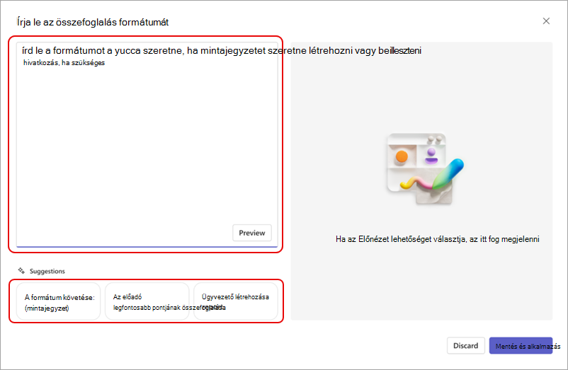 Képernyőkép a szövegmezőről, ahol leírhatja az összefoglalás egyéni formátumát.