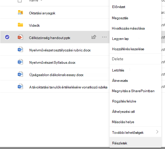 Fájlműveletek menü kijelölt Részletek elemmel