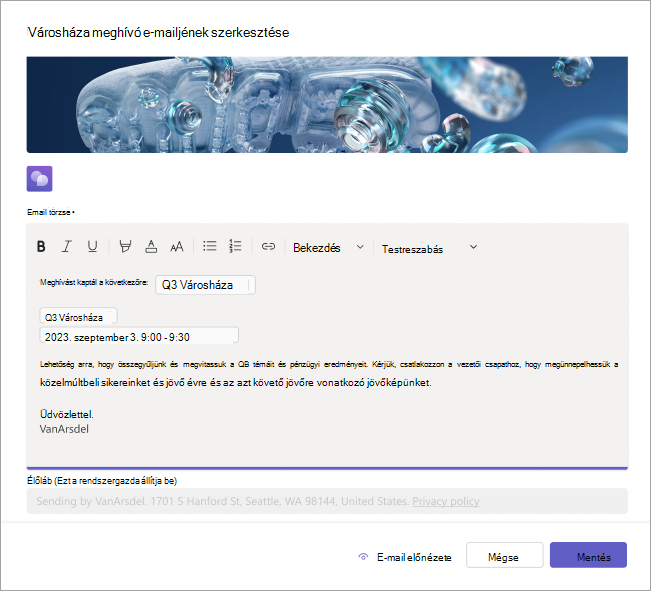 Képernyőkép a városháza e-mail-meghívóinak szerkesztéséről