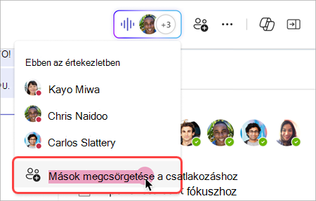 Képernyőkép arról, hogyan lehet csoportos csevegésben azonnali értekezlet élő jelzőjéből másokat felhívni.