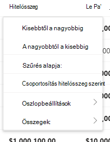 A Hitelösszeg oszlop legördülő menüje