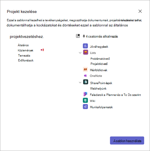 Képernyőkép a csapatsablon részleteiről