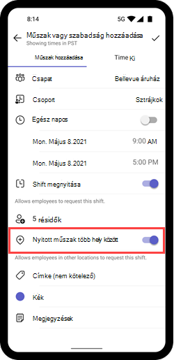 Képernyőkép a Nyitott műszak több hely között kapcsolóról mobileszközön.