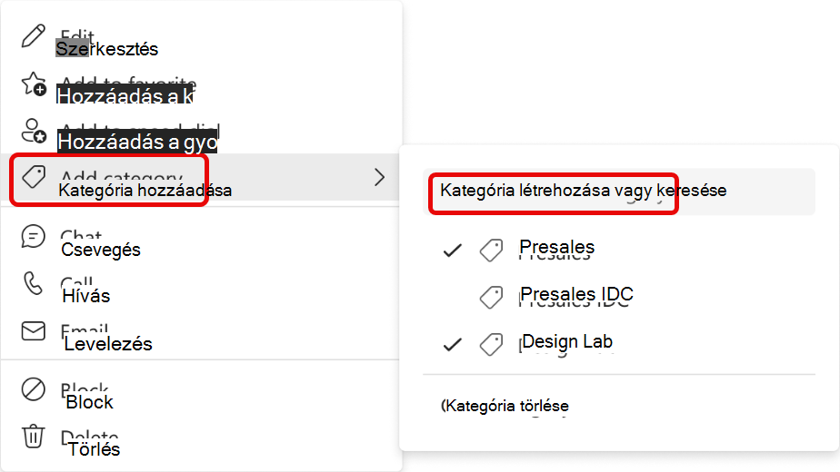 Képernyőkép a Kapcsolat felvétele a kategóriába menüről