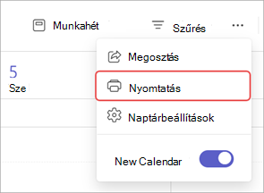A Nyomtatás lehetőséget kiemelő képernyőkép egy Teams-naptárban.