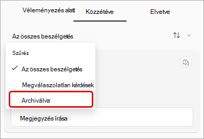 Képernyőkép a Q&A szűrő legördülő menüjéről, az archivált elem kiemelésével.