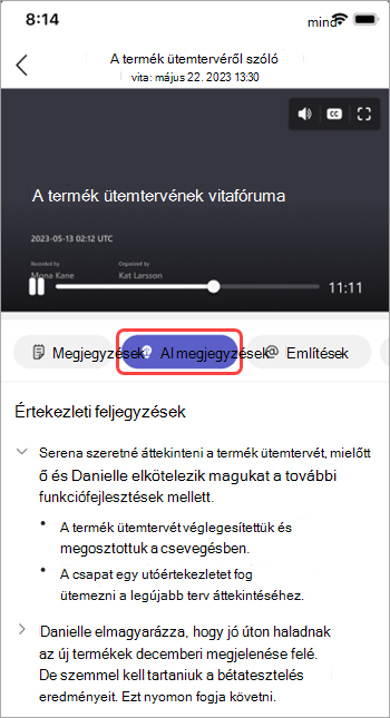 Tekintse meg az AI által létrehozott jegyzeteket a Teams-értekezlet összefoglalójában.