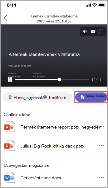 Megosztott tartalom megtekintése a Teams-értekezlet összefoglalójában.