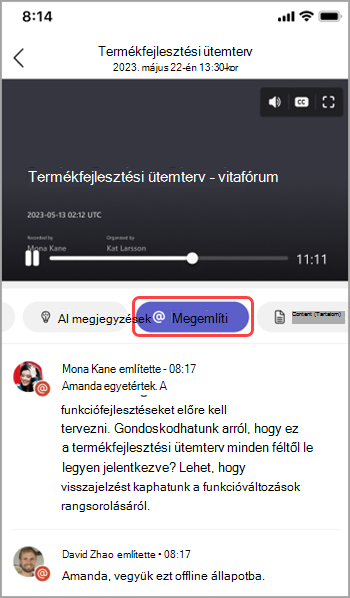 Névemlítések megtekintése a Teams-értekezlet összefoglalójában.